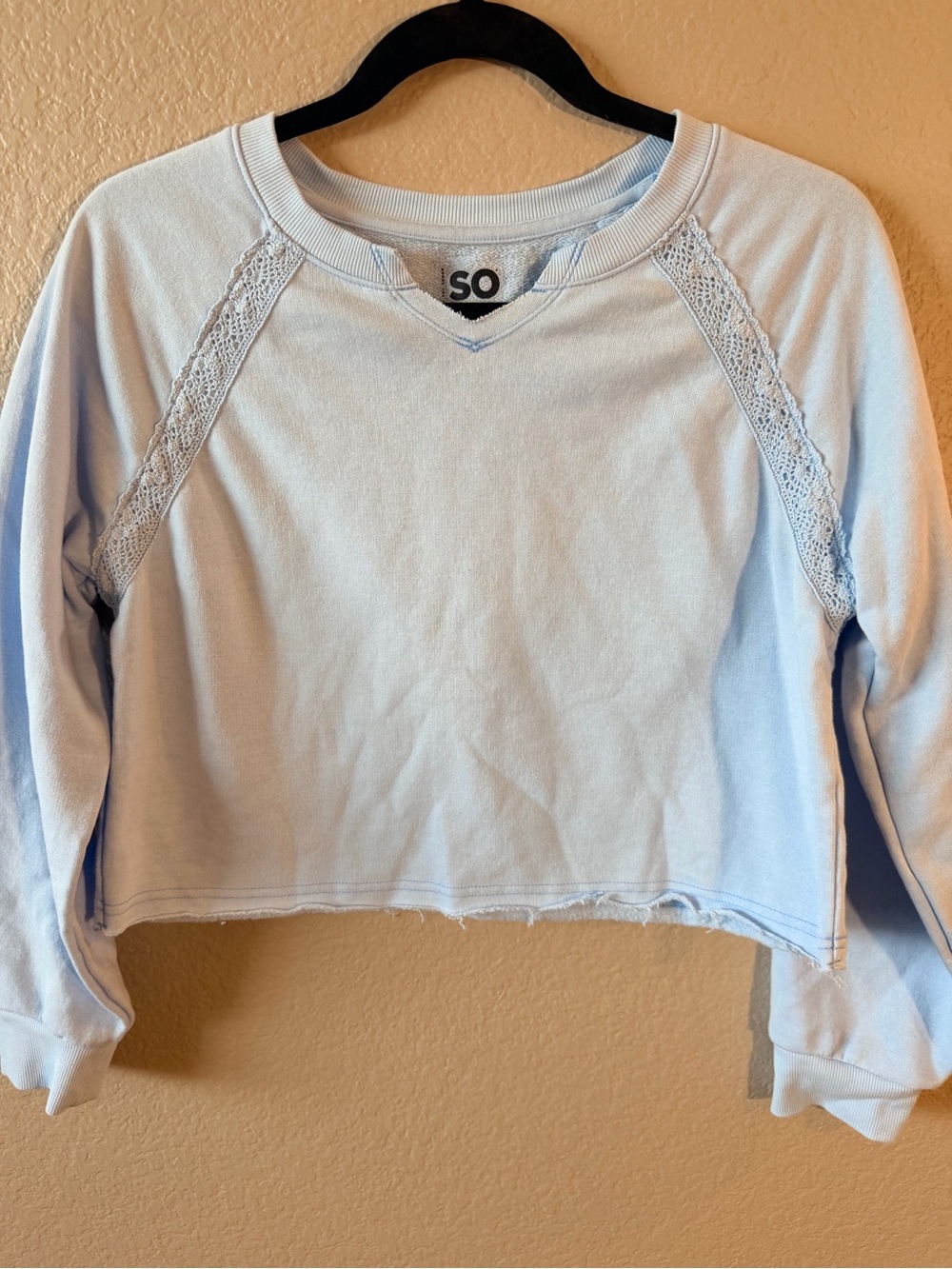 SO Pale Blue Lace-Accent Crewneck Sweatshirt